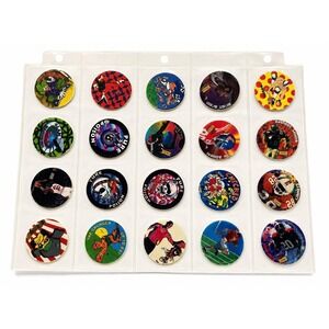 Vintage 1990s POG Milk Caps Lot of 20 Sports Skull Cartoon Football And Sleeve